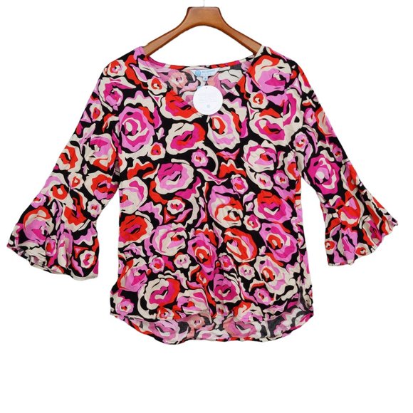 Escapada Natalia Blouse Womens 3/4 Bell Sleeve V Neck Floral Top Size M - Picture 1 of 9